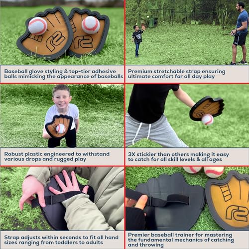 Toss and Catch Ball Game Set - Easy to Use Sticky Balls & Beginner Baseball Training Glove - Premium Toy Paddle Fits All Hand Sizes From Toddlers to Teens & Adults - Fun Gift Idea for Boys and Girls