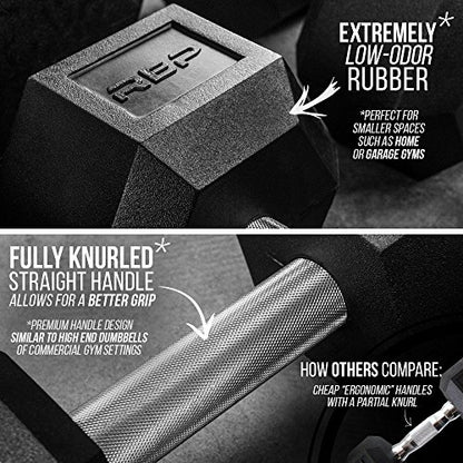 Rep Fitness Rubber Hex Dumbbell(s) - Singles (55LB +) and Pairs (5LB - 50LB) - Low Odor, Fully Knurled Handle - style: 70 LB SINGLE DB