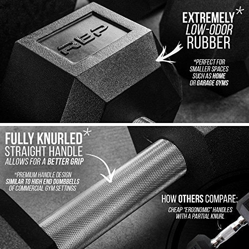 Rep Fitness Rubber Hex Dumbbell(s) - Singles (55LB +) and Pairs (5LB - 50LB) - Low Odor, Fully Knurled Handle - style: 17.5 LB Pair