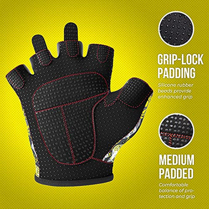 Contraband Pink Label 5237 Womens Designer Workout Gloves | Sugar Skull Print w/Grip-Lock™ Padding (Yellow, Large) - color: Yellow, size: Large