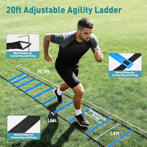 OLIXIS Agility Speed Training Equipment, 20 ft Speed Ladder, 12 Soccer Cones, 4 Agility Hurdles, Jump Rope, Resistance Parachute with Carry Bag, Training Equipment Set for Kids, Youth, Adults, Bule