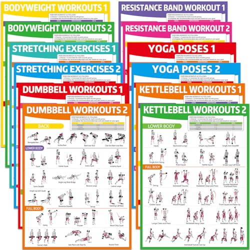 12PCS Workout Posters for Home Gym Dumbbells, Bodyweight, Stretching, Resistance Bands, Yoga, Kettlebells Exercise Chart Full Body Workout Poster Set Muscle Engagement Chart Garage Gym Decor - color: Colorful