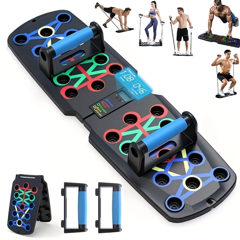 Push Up Board + Non Slip Handle + Resistance Bands, with Automatic Count & Timer, Foldable Portable Professional Workout Equipment Pushup Bar Resistance Chest Exercise Strength Function Gym Home Floor Men & Women