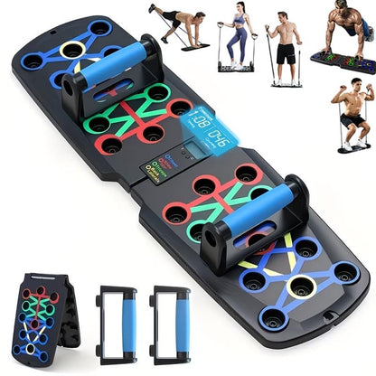 Push Up Board + Non Slip Handle + Resistance Bands, with Automatic Count & Timer, Foldable Portable Professional Workout Equipment Pushup Bar Resistance Chest Exercise Strength Function Gym Home Floor Men & Women