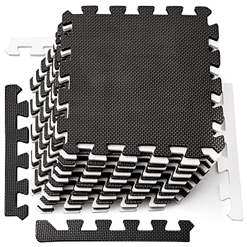 16 Tiles Interlocking Foam Mat Floor Tiles, 12" x 12" EVA Foam Puzzle Mat with Borders, 0.4" Thick Soft Protective Exercise Padding Mats for Fitness, Play, Gym, Black and Cream White