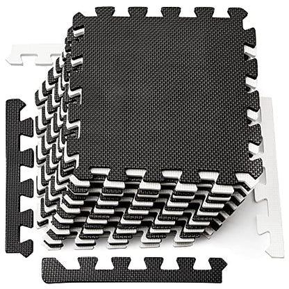 16 Tiles Interlocking Foam Mat Floor Tiles, 12" x 12" EVA Foam Puzzle Mat with Borders, 0.4" Thick Soft Protective Exercise Padding Mats for Fitness, Play, Gym, Black and Cream White