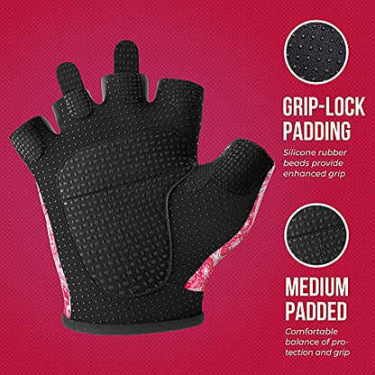 Contraband Pink Label 5387 Womens Design Series Paisley Print Lifting & Rowing Gloves (Pair) - Lightweight Vegan Medium Padded Microfiber Amara Leather w/Griplock Silicone
