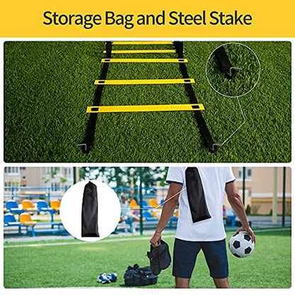12 Rungs Agility Ladder Set, Training Ladder with Steel Stakes and Carry Bag for Soccer, Speed Fitness Feet Training - color: 4 Pack-Yellow