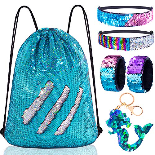 GA&EN Mermaid Reversible Sequin Drawstring Backpack/Bag Iridescent Dotted Blue/Silver for Kids Girls One_Size - color: 22-iridescent Dotted Blue/Silver