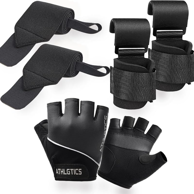 3 in 1 Weight Lifting Gloves with Deadlift Hooks & Wrist Wraps, Available M/L/XL Sizes, Breathable Non Slip Gym Gloves for Men Women, Adjustable Wrist Support for Powerlifting Deadlifts