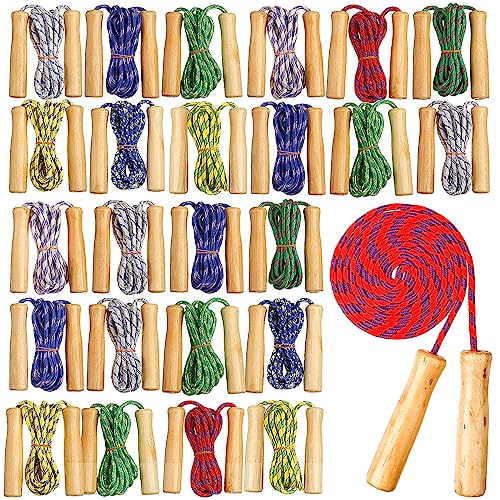Shappy 24 Pcs Jump Rope Bulk 7.25 ft Adjustable Cotton Skipping Rope with Wooden Handle Braided Fitness Jumping Rope for Training Outdoor Exercise Fun Activity Party Favor