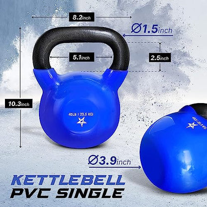 Yes4All Kettlebell, 5-100 LB Vinyl Coated Cast Iron Strength Training Kettlebells for Home Gym Exercises, Fitness, Full Body Workout Equipment, Push Ups, and Grip Strength - color: I. 45LB - Dark Blue, style: Vinyl Coated