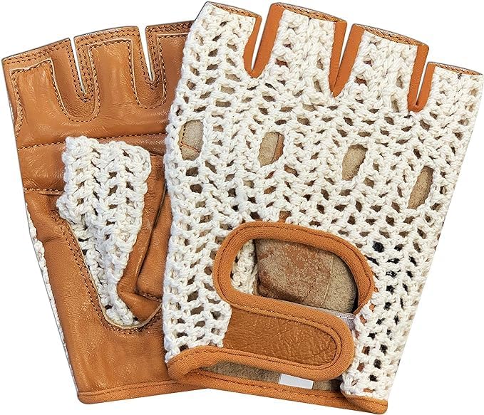 Real Soft Leather Crochet Net Fingerless Driving Weight Training Cycling Wheelchair Gloves W-1037 - color: Tan/White, size: XX-Large