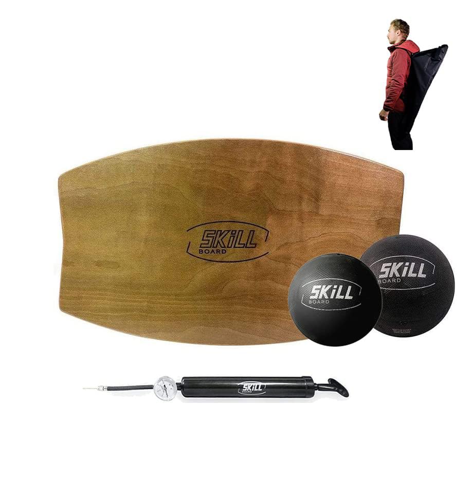 The Skill Board Beginner to Pro - Wooden Balance Board for Adults Bundle - Incl. Balance Trainer for All Sports, Gym, Standing Desk, or Yard Games, 2x Fitness Balls, Ball Pump and more
