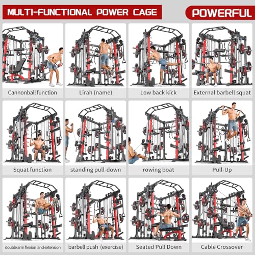 Multi-Purpose Squat Rack,Smith Machine Weight Rack Set with Cable Crossover System, Home Gym Power Racks, Power Racks and Packages - color: L05, size: Power cage Red+bench+(pole+Cast lron)338LBS