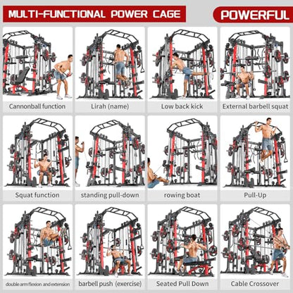 Multi-Purpose Squat Rack,Smith Machine Weight Rack Set with Cable Crossover System, Home Gym Power Racks, Power Racks and Packages - color: L05, size: Power cage Red+bench+(pole+Cast lron)338LBS