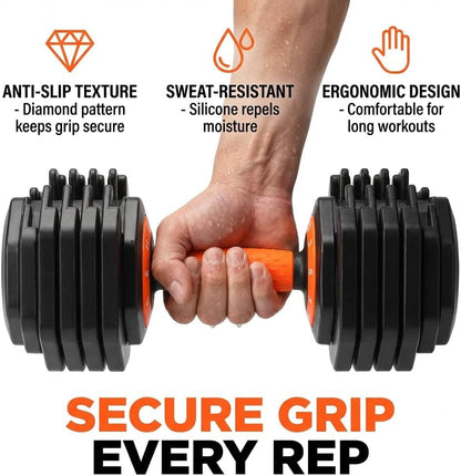 Adjustable Dumbbell Set 50 lbs, 10-in-1 Bi-Directional Adjustable Dumbbells,1 Hand Quick-Dial, No-Roll Dumbbell Set with Storage Tray, Strength Training HIIT for Home Gym