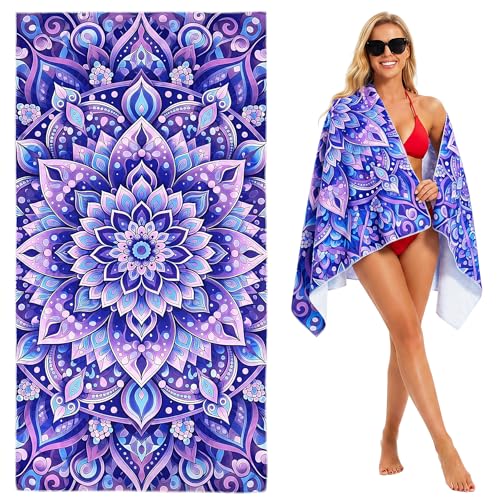 Large Mandala Microfiber Beach Towel Blanket, Oversized 71" x 35" XL Sand Free Quick Dry Absorbent Compact Travel Towel for Beach Pool Gym Yoga Bath Camping, Funny Gifts for Men Women Summer Vacation - color: A5-mandala-purple