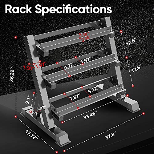 THERUN 1100lbs Adjustable 3 Tier Dumbbell Rack Stand, Hex dumbbells Hand Weights Rack Dumbbell Holder Home Gym Storage Organizer, Reverse Install Available (Rack Only)