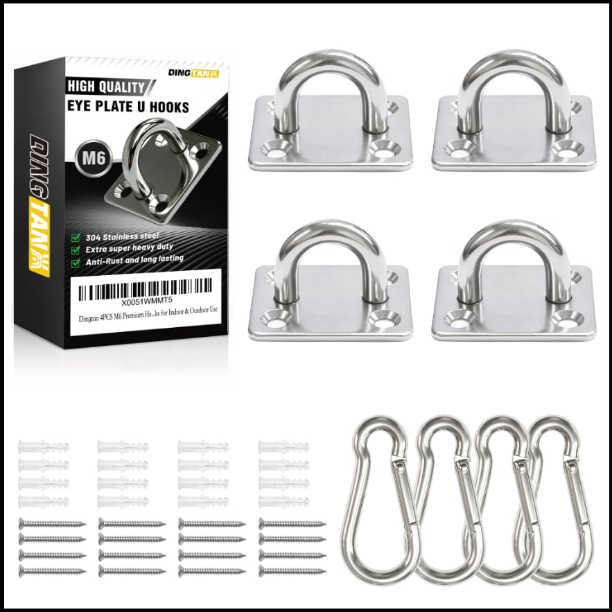 4 Pack Heavy Duty M6 304 Stainless Steel Pad Eye Plates with Snap Hooks, Swing Hanger Hardware Kit for Hammock Chair, Porch Swing, Yoga Swing, Ceiling Mount Anchor, Indoor & Outdoor Use
