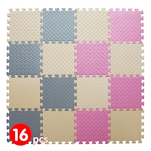 16 Tiles Foam Play Mat, Non-Toxic Square Foam Floor Tiles for Kids - color: Beige/Gray/Pink, size: 16 Pcs/47.2*47.2