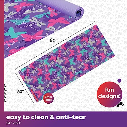 Antsy Pants Kids Yoga Mat - Non-Slip Exercise Mat, 60" x 24", 3mm - color: Purple Butterflies