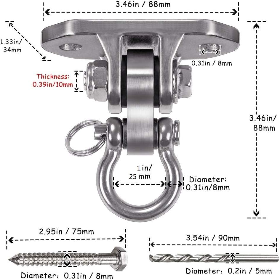 IOH Heavy Duty Swing Hanger Stainless Steel 304 Antirust - 2000 lb Capacity, 180 Silent, Playground Porch Yoga Seat Trapeze, Hammock Chair, Hanging Kit, Indoor Outdoor Set, Patent Design