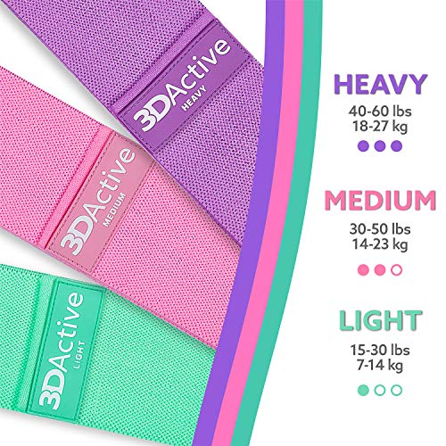 3DActive Fabric Resistance Bands for Legs & Butt. Wide Non-Slip Hip Band Set for Home & Gym Workouts. Exercise Guide & Carry Bag Included.