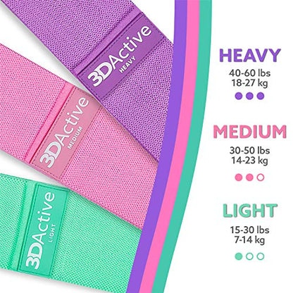 3DActive Fabric Resistance Bands for Legs & Butt. Wide Non-Slip Hip Band Set for Home & Gym Workouts. Exercise Guide & Carry Bag Included.