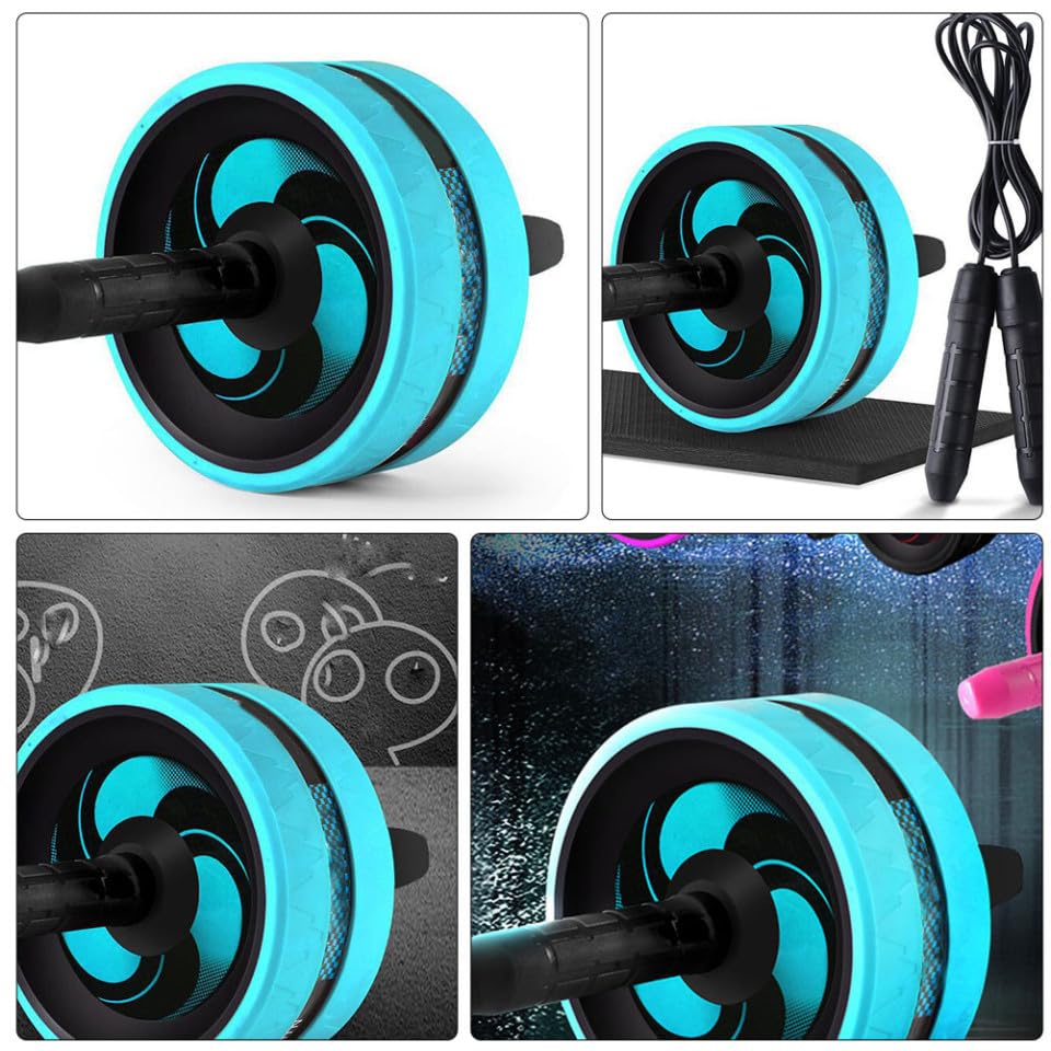 Mikinona Blue Ab Roller Wheel with Knee Pad and Jump Rope for Women Non-slip Handles Core Strength Trainer for Home Gym Fitness Equipment Suitable for Beginners and Advanced Abdominal