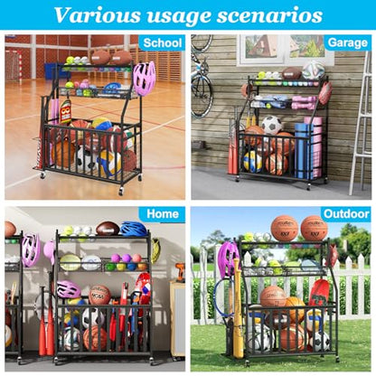 Jsskeeim Garage Sports Equipment Organizer,Sports Ball Organizer with Wheels,Mesh Pocket, Basket,Ball Organizer with Baseball Bat Rack and HooksToy Storage Rolling Cart-Black - style: 01