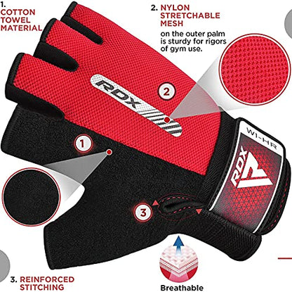 RDX Weight Lifting Gloves Gym Fitness Workout, Anti Slip Padded Full Palm Protection, Ultra Ventilated, Bodybuilding Strength Training HIIT WOD Exercise, Half Finger Men Women Cycling Rowing Climbing - color: Red, size: Large