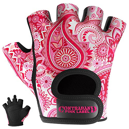 Contraband Pink Label 5387 Womens Design Series Paisley Print Lifting & Rowing Gloves (Pair) - Lightweight Vegan Medium Padded Microfiber Amara Leather w/Griplock Silicone