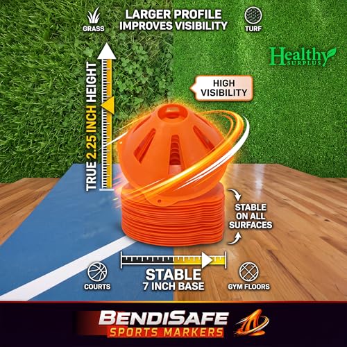 Soccer Training Discs Set of 12 - Flexible Agility Marker Discs for Soccer, Football & Basketball Drills- 7” Base and 2.25” Tall – High Visibility Orange Field Marker Cones - Made in USA - BendiSafe