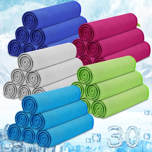 MENOLY 30 Packs Cooling Towels Bulk Cooling Towels for Neck and Face Gym Workout Cooling Neck Rags for Sports Yoga Soft Microfiber Breathable Sweat Rags for Hiking Running Fitness - color: Gray,light Blue,dark Blue,rose Red,green