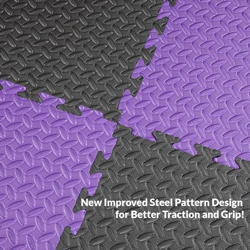 1" Extra Thick 48 sq ft Reversible EVA Gym Foam Floor Mat Tiles (24" x 24"), Steel Pattern, 12 pcs, Black/Purple