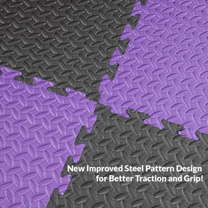 1" Extra Thick 48 sq ft Reversible EVA Gym Foam Floor Mat Tiles (24" x 24"), Steel Pattern, 12 pcs, Black/Purple