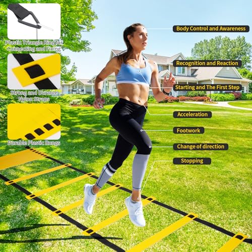 Speed Ladder Agility Ladder, Football Training Equipment Set-20feet 12 Rungs Speed Ladder,10 Disc Cones, Resistance Parachute, Jump Rope, 4 Resistance Bands