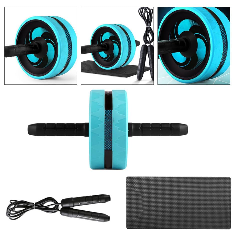 Silent Ab Roller Wheel Fitness Trainer with Wide Stability Wheel Knee Pad and Jump Rope for Core Strength and Posture Correction Suitable for Beginners and Professionals Blue and
