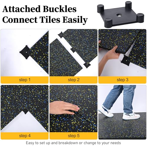 Nisorpa 1" Thick Rubber Exercise Equipment Mats, Anti-Vibration Pads 20" x 20'', Sound Absorbing Mat, Gym Floor Tiles Non-Slip, with 12 Pcs Buckles for Fixing, for Fitness Equipment (4 Pcs)