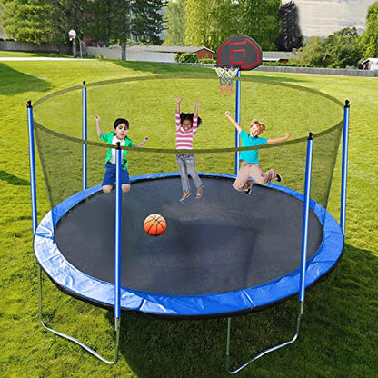 10 12 14 16ft Trampoline with Sprinkler, Lights, Water Ball, Socks, 1500LBS Outdoor Trampoline for Kids and Adults, ASTM Approved, Recreational Trampolines with Basketball Hoop, Enclosure Net