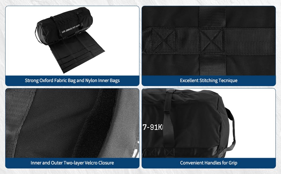 Heavy Duty Sandbag 125-200lb Adjustable - Canvas Weight Bag, Black XL, with Filled Sand Sleeves, for Strength Training, Home Gym, Workout