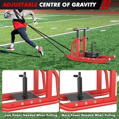 Weight Sled, Heavy-Duty Push Pull Sled, Adjustable Height Handle, Workout Fitness Sled for Training- Running Speed, Agility, Soccer, Football, Strength, Crossfit- Suitable for 1" & 2" Plates - color: Red