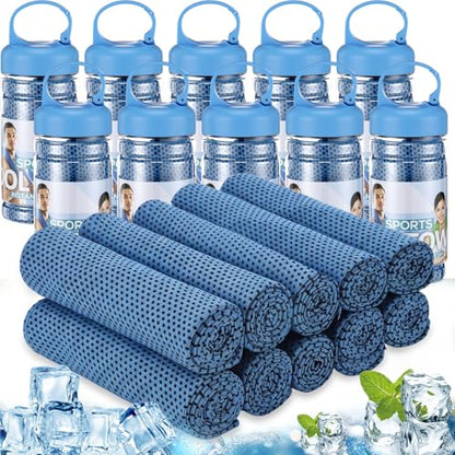 Honoson 10 Pcs Cooling Towels with Bottle, 47 x 12 in, Dark Blue - color: Dark Blue