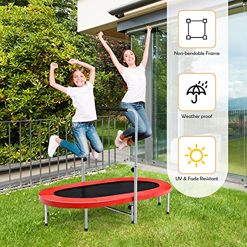 KOTEK Mini Foldable Trampoline for Kids, Double Fitness Trampoline with 5-Level Adjustable Handle Bar & Safety Pad, Toddler Trampoline for Indoor Outdoor Parent-Child Twins Use, Max Load 330 Lbs