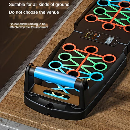 Push Up Board + Non Slip Handle + Resistance Bands, with Automatic Count & Timer, Foldable Portable Professional Workout Equipment Pushup Bar Resistance Chest Exercise Strength Function Gym Home Floor Men & Women