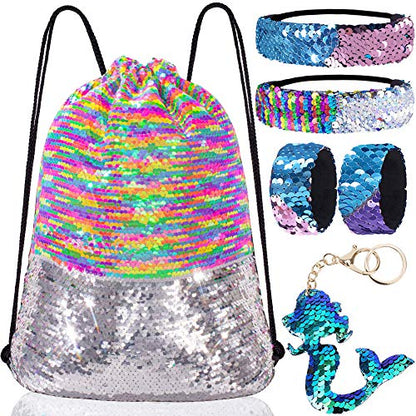 GA&EN Mermaid Reversible Sequin Drawstring Backpack/Bag Rainbow/Silver for Kids Girls - color: 18-rainbow/Silver