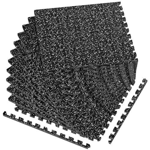 1/2in Thick 48 Sq Ft Rubber Top High Density EVA Foam Exercise Gym Mats Non-Slip 12 Pcs - Interlocking Puzzle Floor Tiles for Home Gym Heavy Workout Equipment Flooring - 24 x 24in Tile, Black & White
