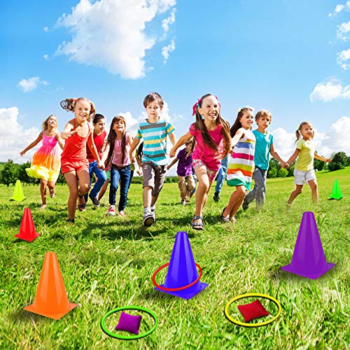31PCS 3 in 1 Carnival Outdoor Games Combo Set for Kids, Soft Plastic Cones Bean Bags Ring Toss Game, Gift for Birthday Party/Xmas