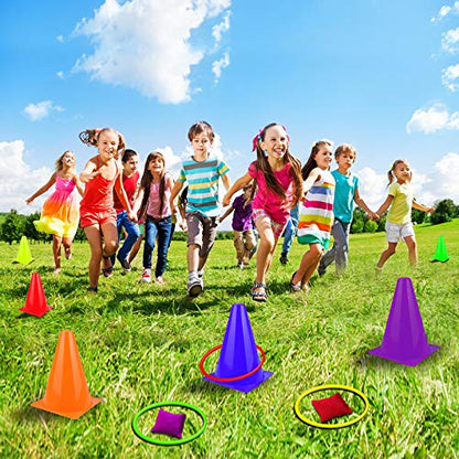 31PCS 3 in 1 Carnival Outdoor Games Combo Set for Kids, Soft Plastic Cones Bean Bags Ring Toss Game, Gift for Birthday Party/Xmas